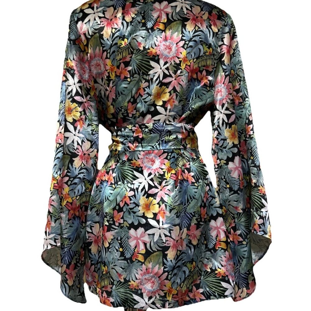 Kimono Robe Hawaiian Lei Palm Floral Multicolor Tie Flowy New Women’s Gift - Picture 9 of 14